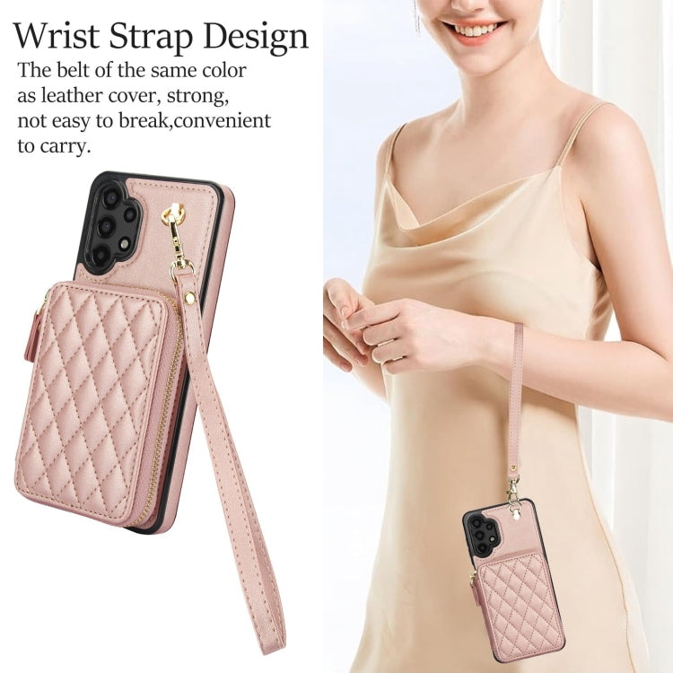 For Samsung Galaxy A13 4G / 5G AwQuer Crossbody Zipper Wallet Rhombic Leather Back Phone Case(Rose Gold) - Galaxy Phone Cases by Awquer | Online Shopping UK | buy2fix