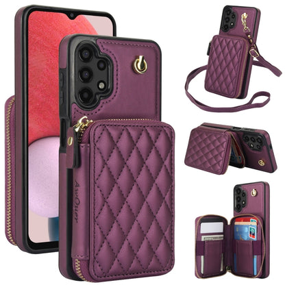 For Samsung Galaxy A13 4G / 5G AwQuer Crossbody Zipper Wallet Rhombic Leather Back Phone Case(Dark Purple) - Galaxy Phone Cases by Awquer | Online Shopping UK | buy2fix