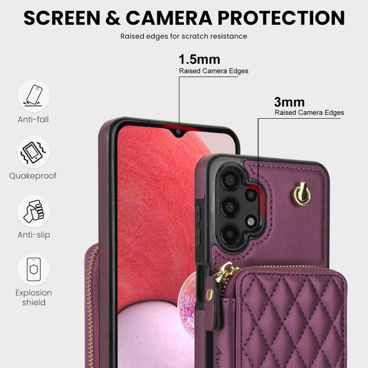 For Samsung Galaxy A13 4G / 5G AwQuer Crossbody Zipper Wallet Rhombic Leather Back Phone Case(Dark Purple) - Galaxy Phone Cases by Awquer | Online Shopping UK | buy2fix