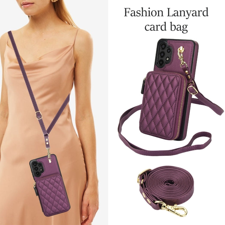 For Samsung Galaxy A13 4G / 5G AwQuer Crossbody Zipper Wallet Rhombic Leather Back Phone Case(Dark Purple) - Galaxy Phone Cases by Awquer | Online Shopping UK | buy2fix
