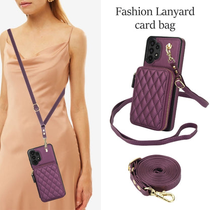 For Samsung Galaxy A13 4G / 5G AwQuer Crossbody Zipper Wallet Rhombic Leather Back Phone Case(Dark Purple) - Galaxy Phone Cases by Awquer | Online Shopping UK | buy2fix