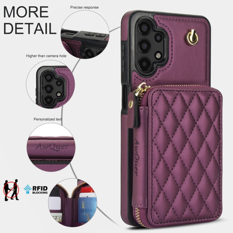 For Samsung Galaxy A13 4G / 5G AwQuer Crossbody Zipper Wallet Rhombic Leather Back Phone Case(Dark Purple) - Galaxy Phone Cases by Awquer | Online Shopping UK | buy2fix