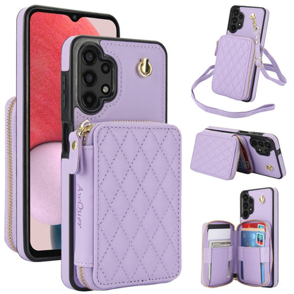 For Samsung Galaxy A13 4G / 5G AwQuer Crossbody Zipper Wallet Rhombic Leather Back Phone Case(Purple) - Galaxy Phone Cases by Awquer | Online Shopping UK | buy2fix