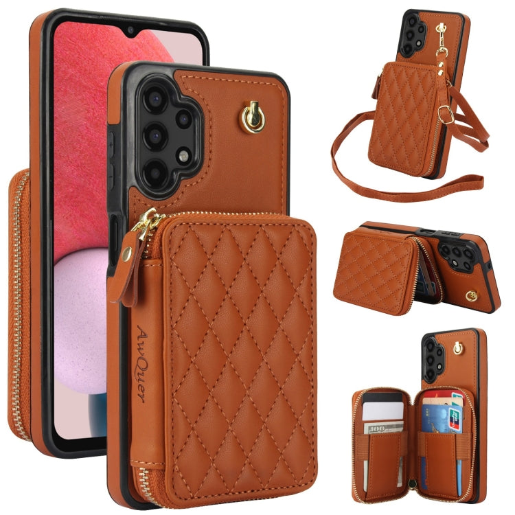 For Samsung Galaxy A13 4G / 5G AwQuer Crossbody Zipper Wallet Rhombic Leather Back Phone Case(Brown) - Galaxy Phone Cases by Awquer | Online Shopping UK | buy2fix