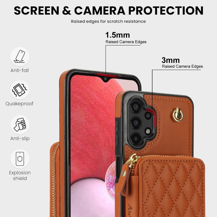 For Samsung Galaxy A13 4G / 5G AwQuer Crossbody Zipper Wallet Rhombic Leather Back Phone Case(Brown) - Galaxy Phone Cases by Awquer | Online Shopping UK | buy2fix