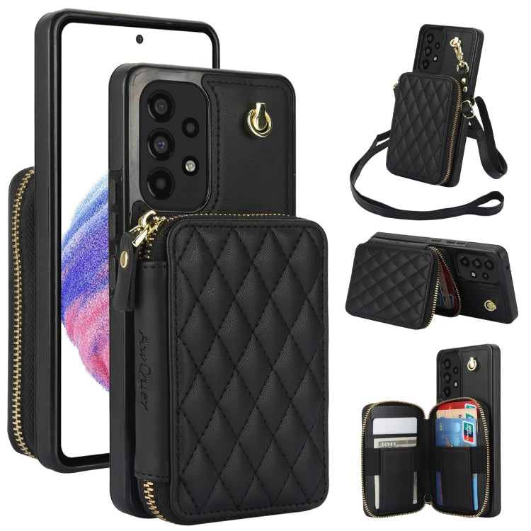 For Samsung Galaxy A53 4G / 5G AwQuer Crossbody Zipper Wallet Rhombic Leather Back Phone Case(Black) - Galaxy Phone Cases by Awquer | Online Shopping UK | buy2fix