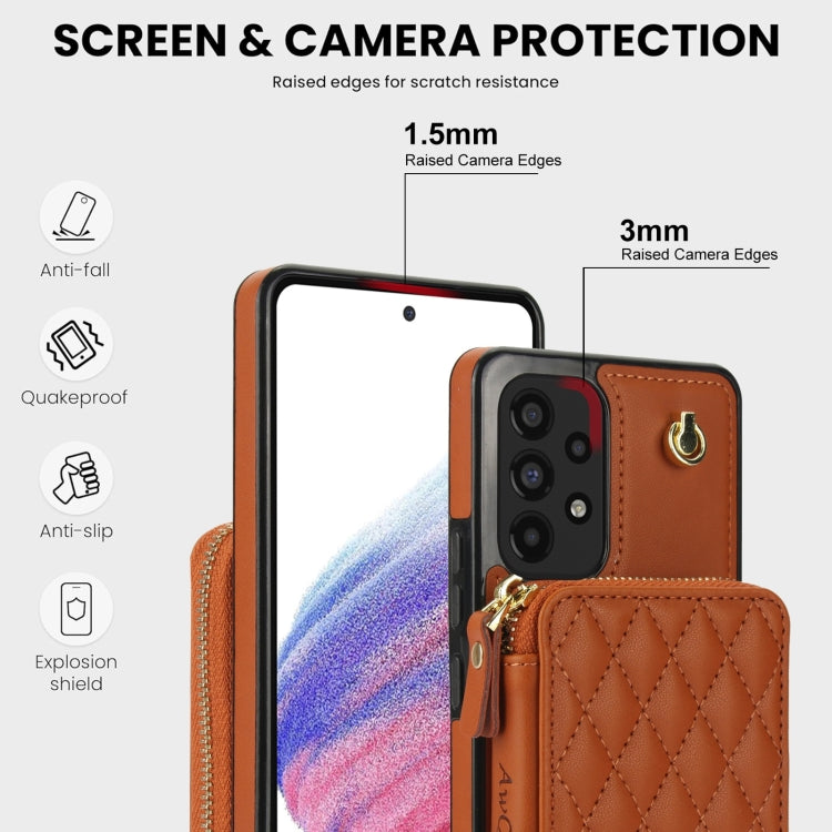 For Samsung Galaxy A53 4G / 5G AwQuer Crossbody Zipper Wallet Rhombic Leather Back Phone Case(Brown) - Galaxy Phone Cases by Awquer | Online Shopping UK | buy2fix