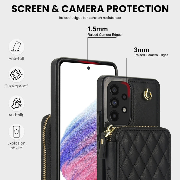 For Samsung Galaxy A73 4G / 5G AwQuer Crossbody Zipper Wallet Rhombic Leather Back Phone Case(Black) - Galaxy Phone Cases by Awquer | Online Shopping UK | buy2fix