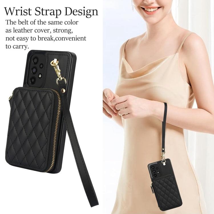 For Samsung Galaxy A73 4G / 5G AwQuer Crossbody Zipper Wallet Rhombic Leather Back Phone Case(Black) - Galaxy Phone Cases by Awquer | Online Shopping UK | buy2fix