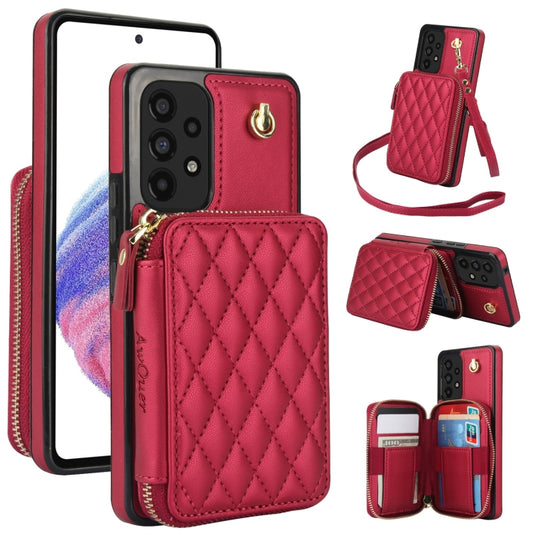 For Samsung Galaxy A73 4G / 5G AwQuer Crossbody Zipper Wallet Rhombic Leather Back Phone Case(Red) - Galaxy Phone Cases by Awquer | Online Shopping UK | buy2fix