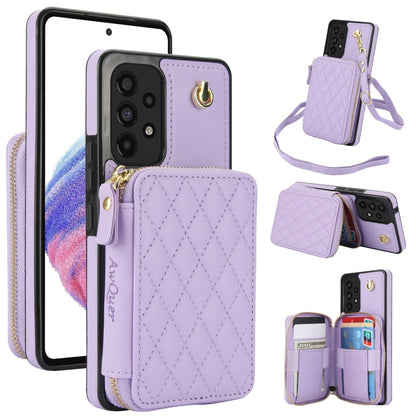 For Samsung Galaxy A73 4G / 5G AwQuer Crossbody Zipper Wallet Rhombic Leather Back Phone Case(Purple) - Galaxy Phone Cases by Awquer | Online Shopping UK | buy2fix
