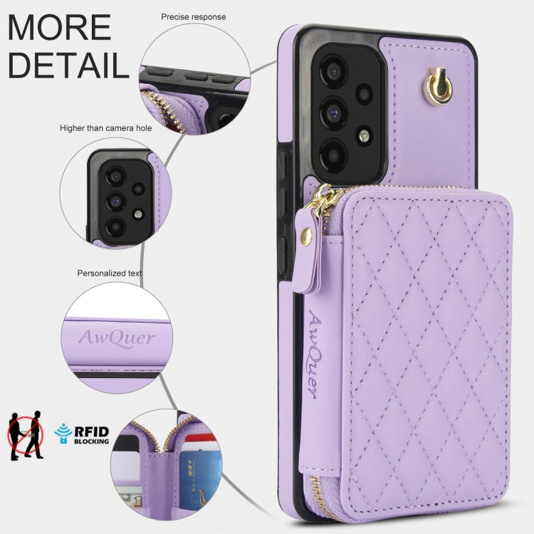For Samsung Galaxy A73 4G / 5G AwQuer Crossbody Zipper Wallet Rhombic Leather Back Phone Case(Purple) - Galaxy Phone Cases by Awquer | Online Shopping UK | buy2fix