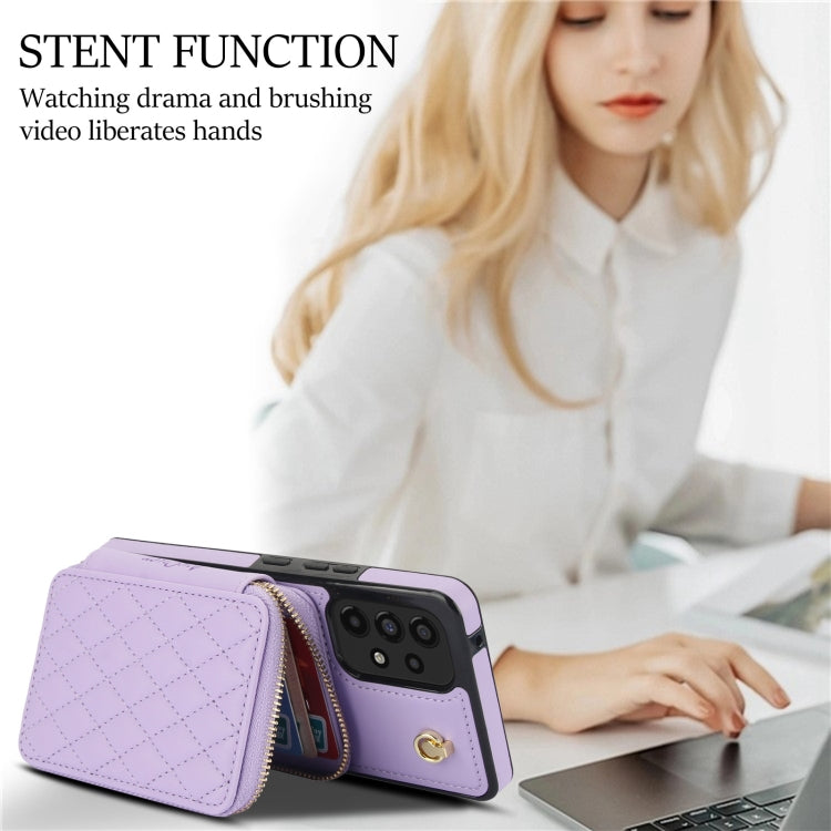 For Samsung Galaxy A73 4G / 5G AwQuer Crossbody Zipper Wallet Rhombic Leather Back Phone Case(Purple) - Galaxy Phone Cases by Awquer | Online Shopping UK | buy2fix