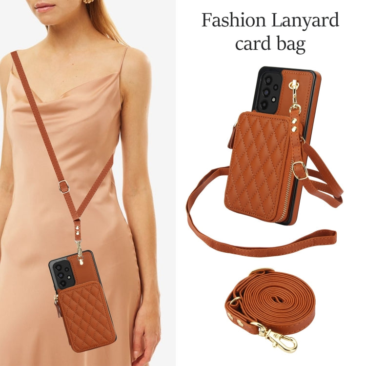 For Samsung Galaxy A73 4G / 5G AwQuer Crossbody Zipper Wallet Rhombic Leather Back Phone Case(Brown) - Galaxy Phone Cases by Awquer | Online Shopping UK | buy2fix