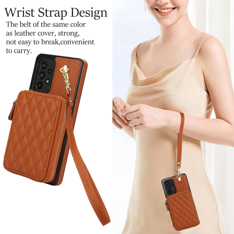 For Samsung Galaxy A73 4G / 5G AwQuer Crossbody Zipper Wallet Rhombic Leather Back Phone Case(Brown) - Galaxy Phone Cases by Awquer | Online Shopping UK | buy2fix