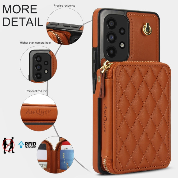 For Samsung Galaxy A73 4G / 5G AwQuer Crossbody Zipper Wallet Rhombic Leather Back Phone Case(Brown) - Galaxy Phone Cases by Awquer | Online Shopping UK | buy2fix