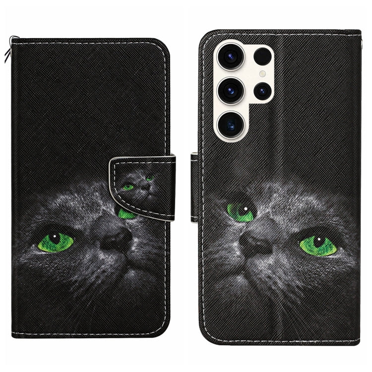 For Samsung Galaxy S25 Ultra 5G Colored Drawing Pattern Leather Phone Case(Black Cat) by buy2fix