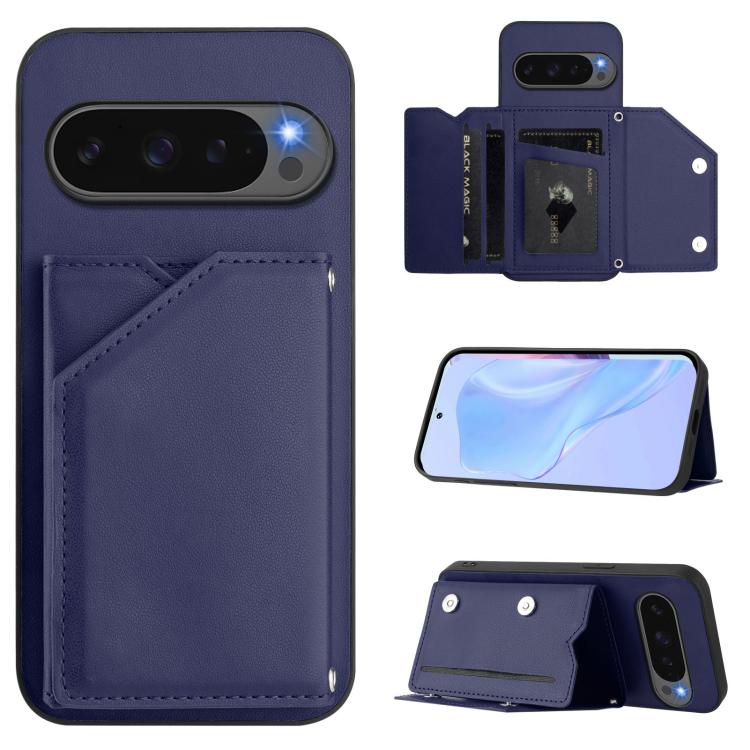 For Google Pixel 10 Pro XL Skin Feel Four Card Slots Phone Case with Wrist Strap(Blue) - Google Cases by buy2fix | Online Shopping UK | buy2fix