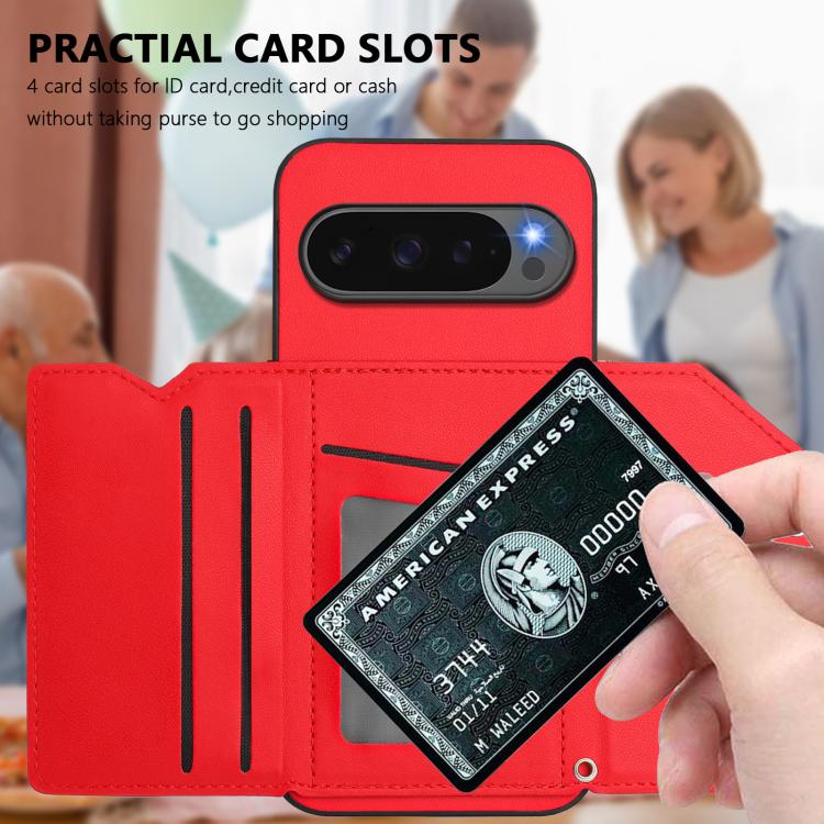 For Google Pixel 10 / 10 Pro Skin Feel Four Card Slots Phone Case with Wrist Strap(Red) - Google Cases by buy2fix | Online Shopping UK | buy2fix