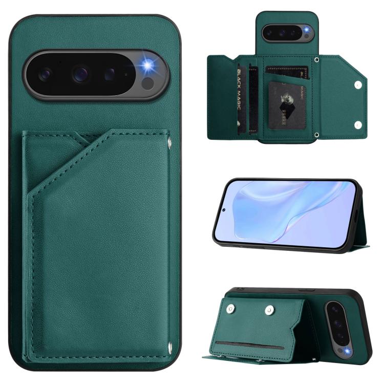 For Google Pixel 10 / 10 Pro Skin Feel Four Card Slots Phone Case with Wrist Strap(Green) - Google Cases by buy2fix | Online Shopping UK | buy2fix