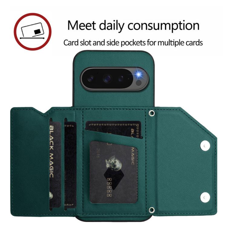 For Google Pixel 10 / 10 Pro Skin Feel Four Card Slots Phone Case with Wrist Strap(Green) - Google Cases by buy2fix | Online Shopping UK | buy2fix