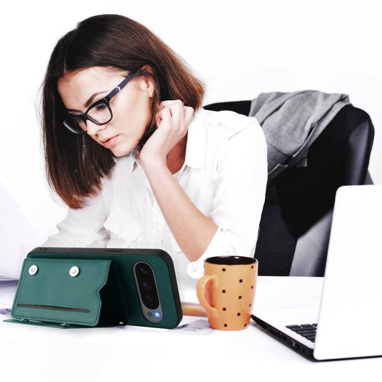 For Google Pixel 10 / 10 Pro Skin Feel Four Card Slots Phone Case with Wrist Strap(Green) - Google Cases by buy2fix | Online Shopping UK | buy2fix