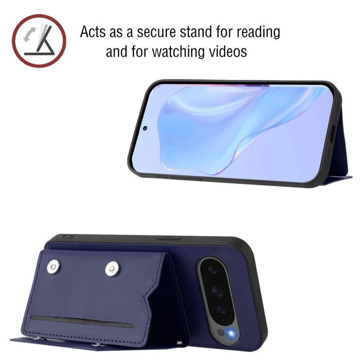 For Google Pixel 10 / 10 Pro Skin Feel Four Card Slots Phone Case with Wrist Strap(Blue) - Google Cases by buy2fix | Online Shopping UK | buy2fix