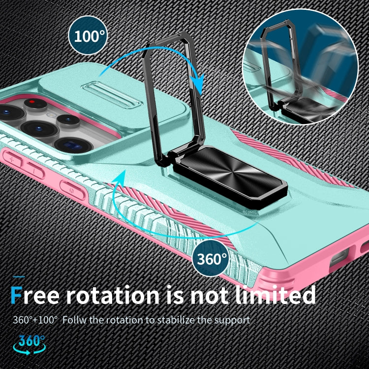 For Samsung Galaxy S25 Ultra 5G Sliding Camshield Holder Phone Case(Grey Green + Pink) by buy2fix