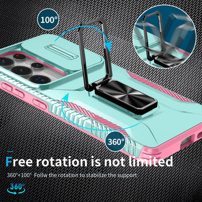 For Samsung Galaxy S25 Ultra 5G Sliding Camshield Holder Phone Case(Grey Green + Pink) by buy2fix