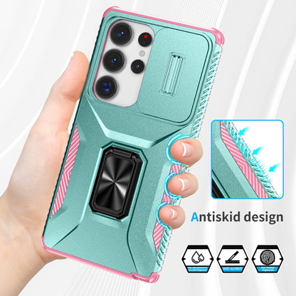 For Samsung Galaxy S25 Ultra 5G Sliding Camshield Holder Phone Case(Grey Green + Pink) by buy2fix
