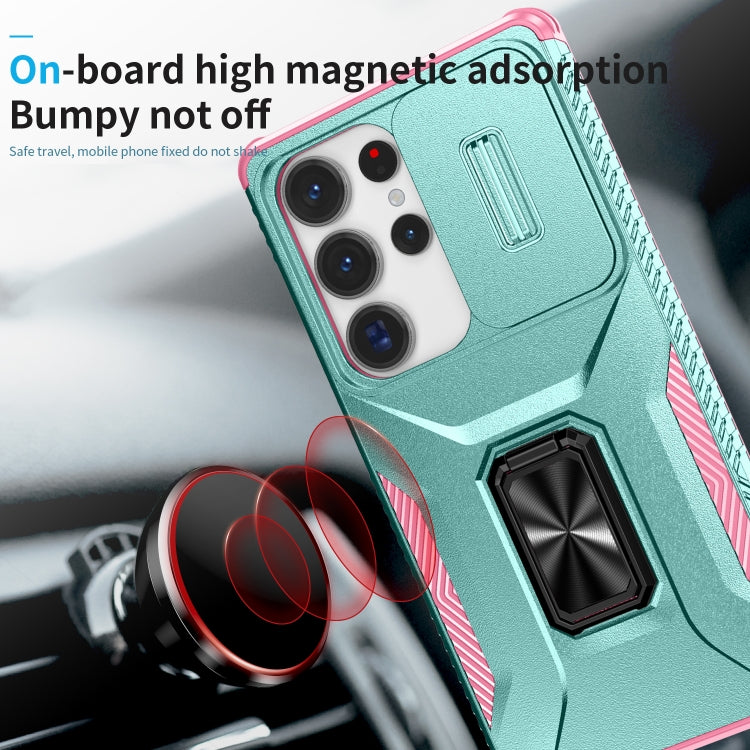 For Samsung Galaxy S25 Ultra 5G Sliding Camshield Holder Phone Case(Grey Green + Pink) by buy2fix