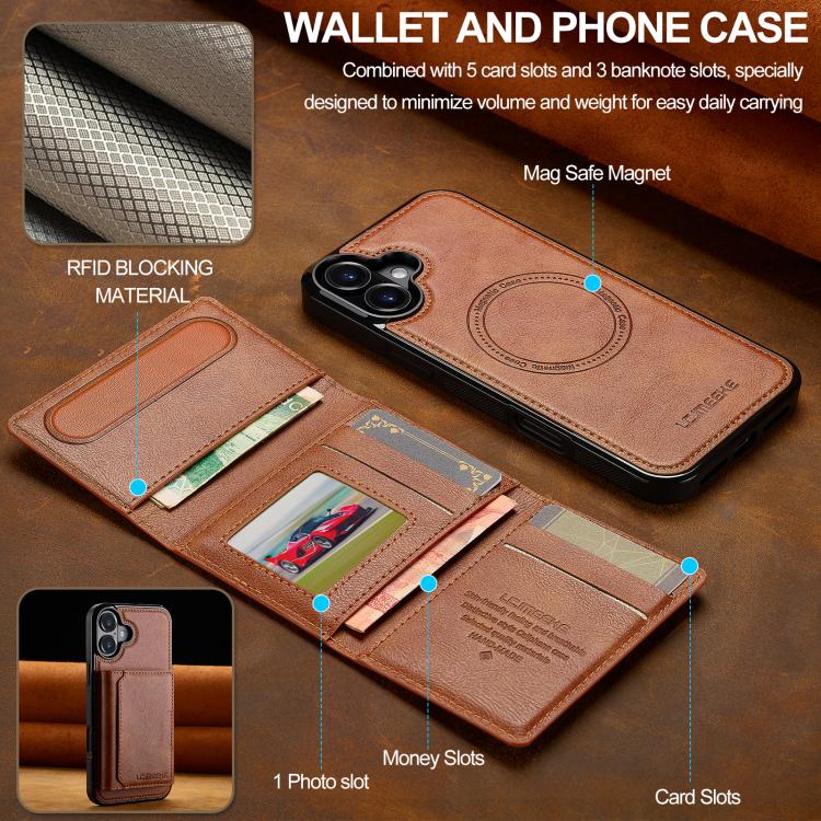 For iPhone 17 LC.IMEEKE L5 Series Detachable RFID Card Bag Magsafe Phone Case(Brown) - iPhone 17 Cases by LC.IMEEKE | Online Shopping UK | buy2fix