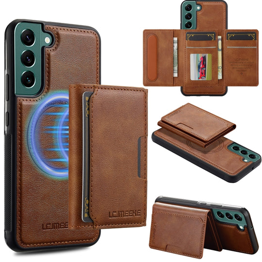 For Samsung Galaxy S21 FE 5G LC.IMEEKE L5 Series Detachable RFID Card Bag Magsafe Phone Case(Brown)