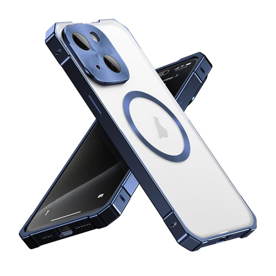 For iPhone 15 Irregular Alloy Frame Fosted Translucent MagSafe Phone Case(Blue)