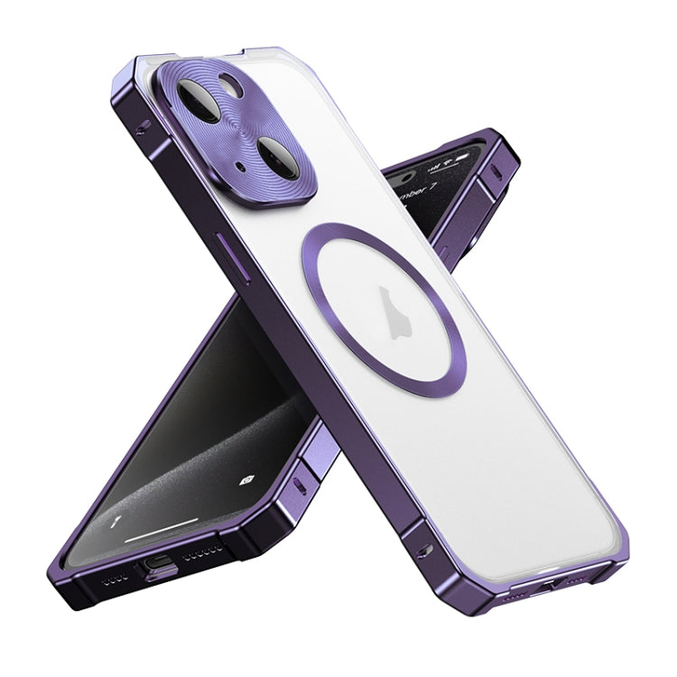 For iPhone 15 Irregular Alloy Frame Fosted Translucent MagSafe Phone Case(Purple) - iPhone 15 Cases by buy2fix | Online Shopping UK | buy2fix