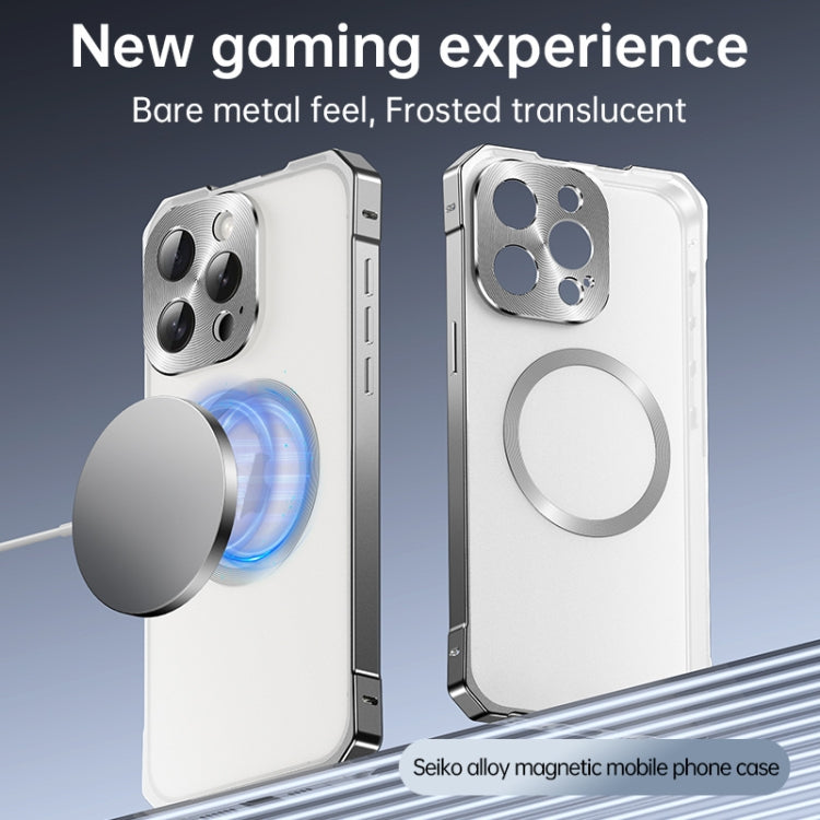 For iPhone 16 Pro Irregular Alloy Frame Fosted Translucent MagSafe Phone Case(Blue) - iPhone 16 Pro Cases by buy2fix | Online Shopping UK | buy2fix