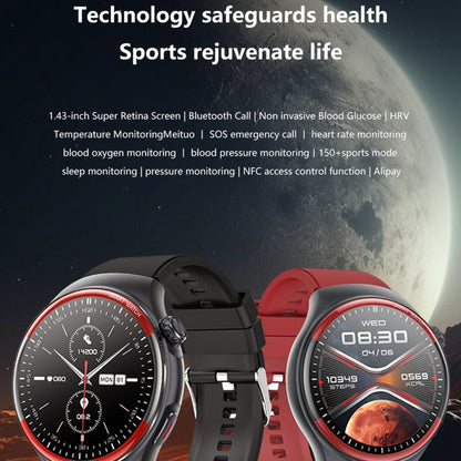 T82 1.43 inch Round Screen BT Call Smart Watch, Heart Rate / Blood Pressure / Blood Oxygen / Sleep / Blood Sugar / HRV / Metope / SOS, Strap:Leather Black - Smart Wristbands by buy2fix | Online Shopping UK | buy2fix