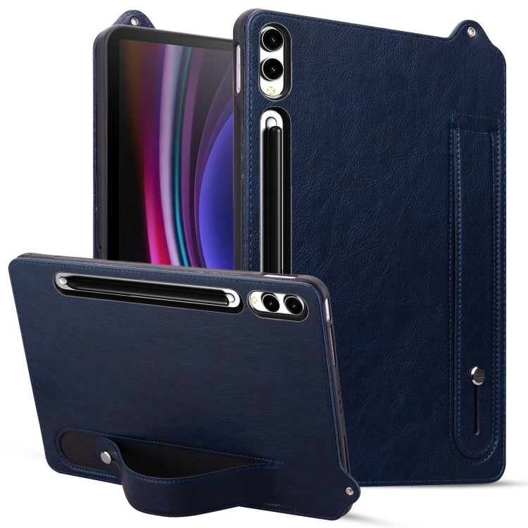 For Samsung Galaxy Tab S10 Ultra/ S11 Ultra TPU Leather Back Tablet Case with Wristband(Dark Blue) by buy2fix