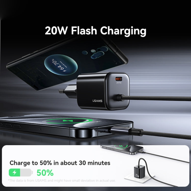 USAMS CC261 20W GaN Mini Type-C / USB-C Dual Port Fast Charger with Cable, EU Plug(White) - USB Charger by USAMS | Online Shopping UK | buy2fix