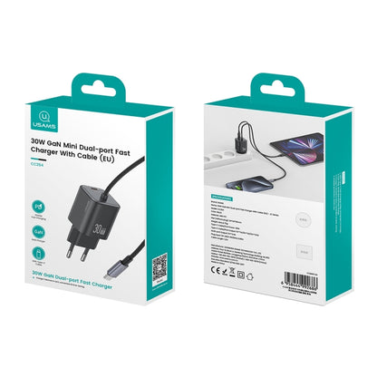 USAMS CC264 30W GaN Mini Type-C / USB-C Dual Port Fast Charger with Cable, EU Plug(White) - USB Charger by USAMS | Online Shopping UK | buy2fix
