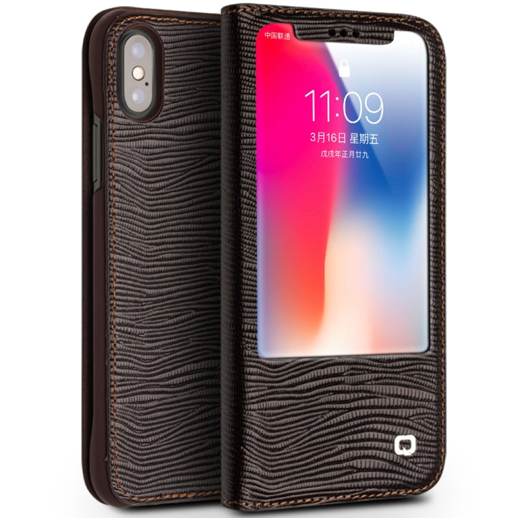 For iPhone X / XS QIALINO Lizard Texture Horizontal Flip Leather Case with Smart View Window & Sleep / Wake-up Function(Brown) - More iPhone Cases by QIALINO | Online Shopping UK | buy2fix