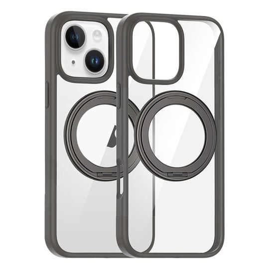 For iPhone 15 High Transparency 360 Degree Rotating Holder MagSafe Phone Case(Titanium Gray)