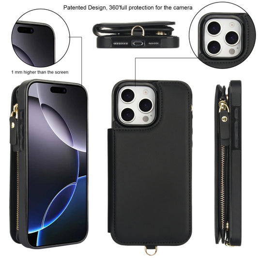 For iPhone 16 Pro Max Double Flap Zipper RFID Leather Phone Case with Short Lanyard(Black) - iPhone 16 Pro Max Cases by buy2fix | Online Shopping UK | buy2fix