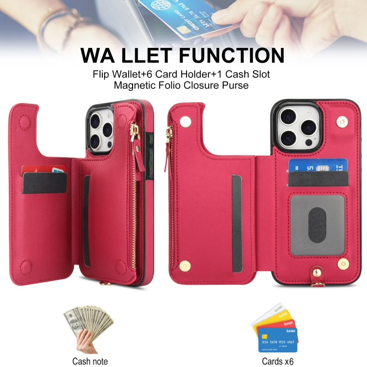 For iPhone 16 Pro Max Double Flap Zipper RFID Leather Phone Case with Short Lanyard(Red) - iPhone 16 Pro Max Cases by buy2fix | Online Shopping UK | buy2fix