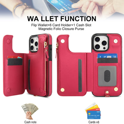 For iPhone 16 Pro Max Double Flap Zipper RFID Leather Phone Case with Short Lanyard(Red) - iPhone 16 Pro Max Cases by buy2fix | Online Shopping UK | buy2fix