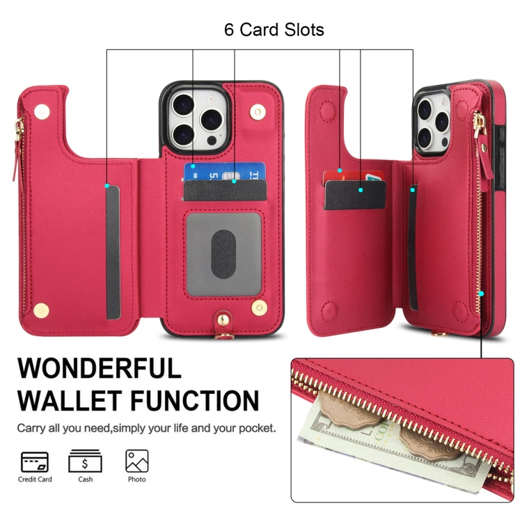 For iPhone 16 Pro Max Double Flap Zipper RFID Leather Phone Case with Short Lanyard(Red) - iPhone 16 Pro Max Cases by buy2fix | Online Shopping UK | buy2fix