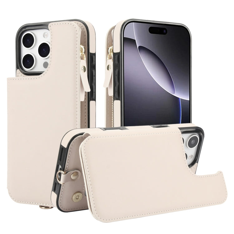 For iPhone 16 Pro Double Flap Zipper RFID Leather Phone Case with Short Lanyard(White) - iPhone 16 Pro Cases by buy2fix | Online Shopping UK | buy2fix