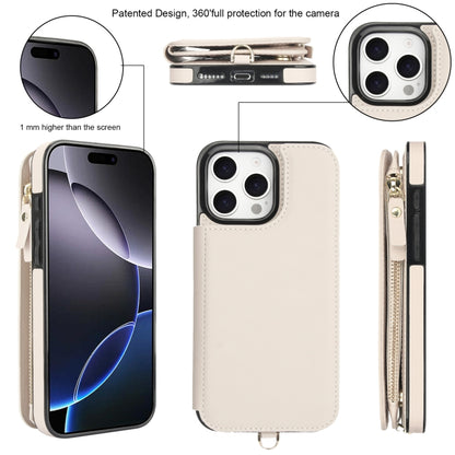 For iPhone 16 Pro Double Flap Zipper RFID Leather Phone Case with Short Lanyard(White) - iPhone 16 Pro Cases by buy2fix | Online Shopping UK | buy2fix