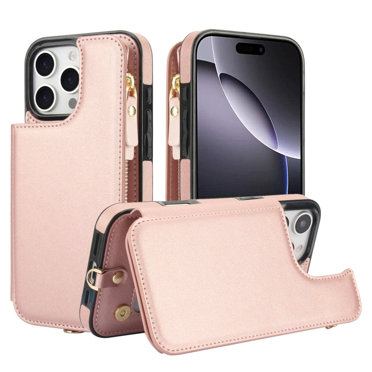 For iPhone 16 Pro Double Flap Zipper RFID Leather Phone Case with Short Lanyard(Rose Gold) - iPhone 16 Pro Cases by buy2fix | Online Shopping UK | buy2fix