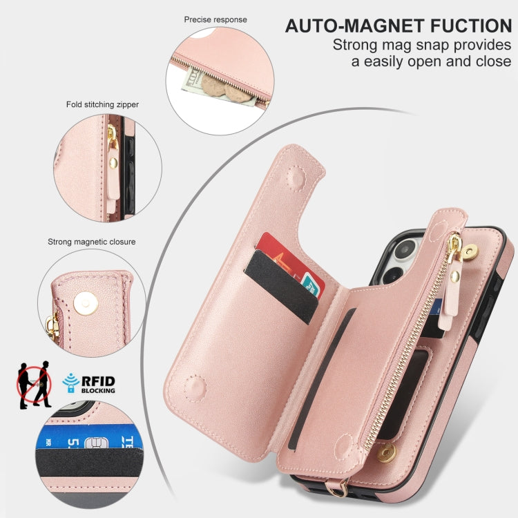 For iPhone 16 Pro Double Flap Zipper RFID Leather Phone Case with Short Lanyard(Rose Gold) - iPhone 16 Pro Cases by buy2fix | Online Shopping UK | buy2fix
